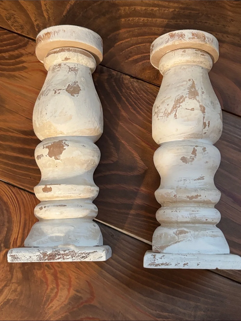 Rustic Distressed White Wood Candlestick Pair - Home Accents